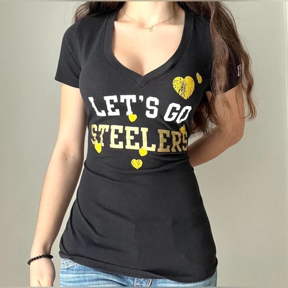 VS PINK Y2K *Rare* “Let’s Go Steelers” Bling Logo Tee Black/Gold Size S - Picture 1 of 13